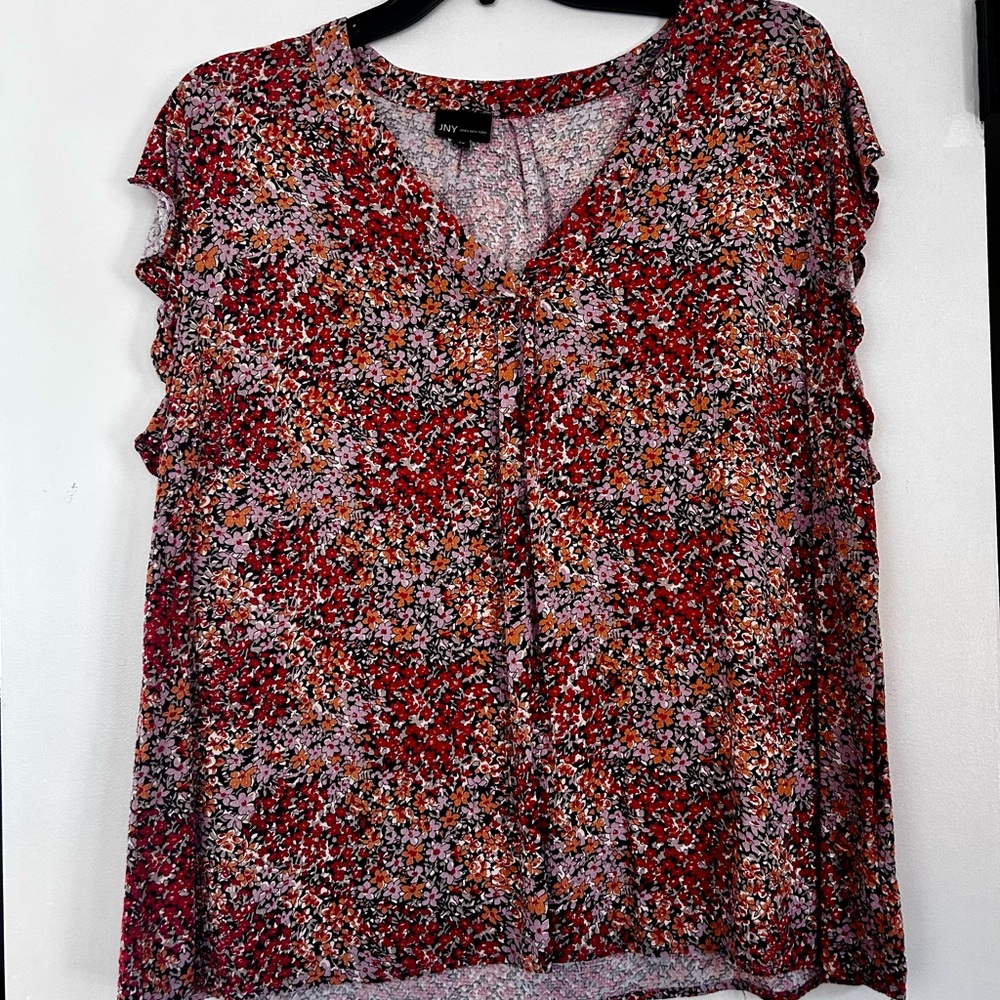 Jones New York Red Multi Floral V-Neck Short Sleeve Blouse